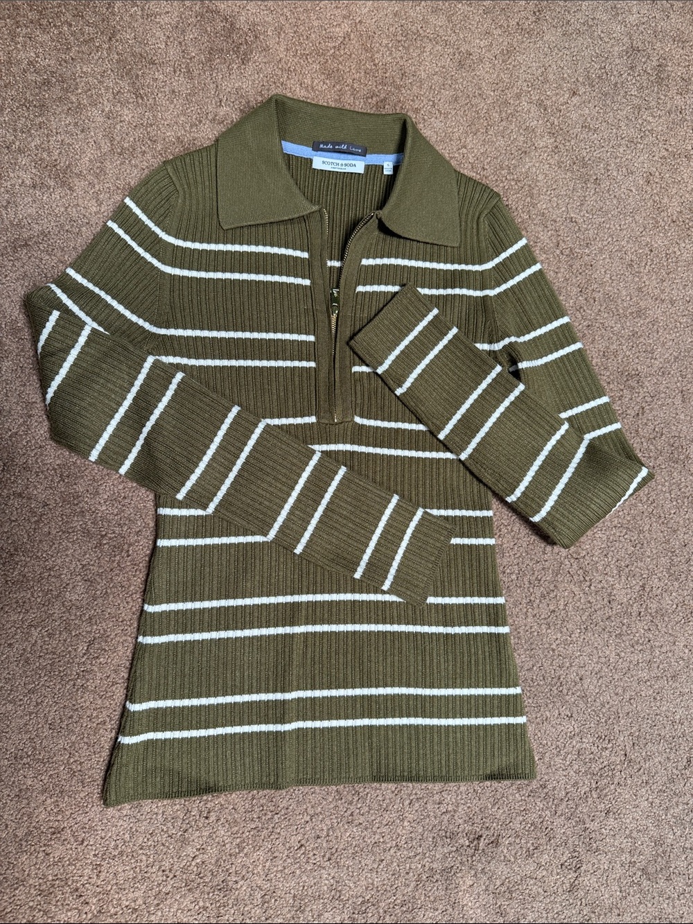 NWOT Scotch & Soda Olive Green and White Striped V-Neck Ribbed Sweater
